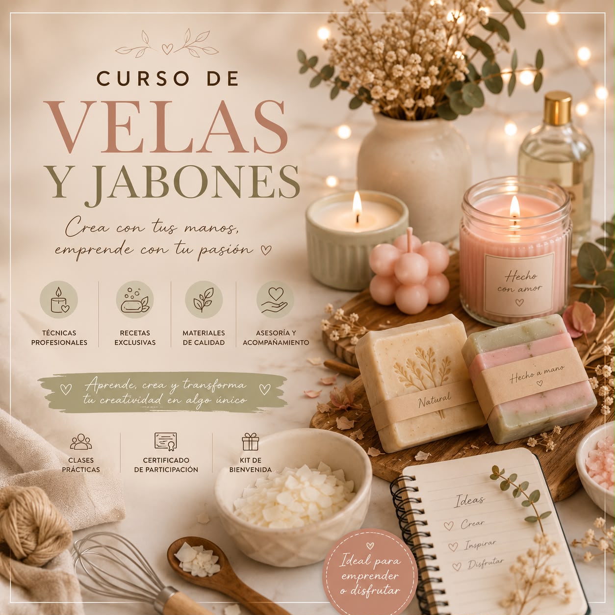 Frascos de cera en tonos ámbar listos para elaborar velas artesanales